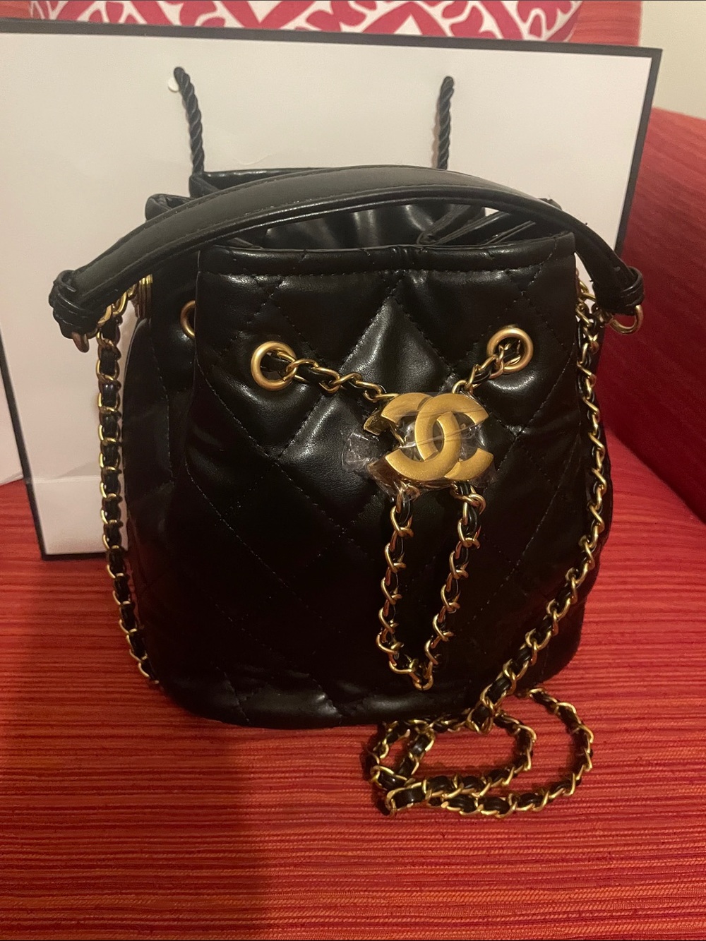 Beaute VIP  Black Quilted Leather Mini Drawstring Bucket Bag with Gold CC Chain